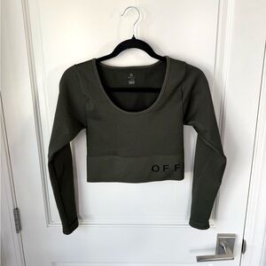 Offline By Aerie Crop Top LARGE Long Sleeve Olive Green Ribbed Workout